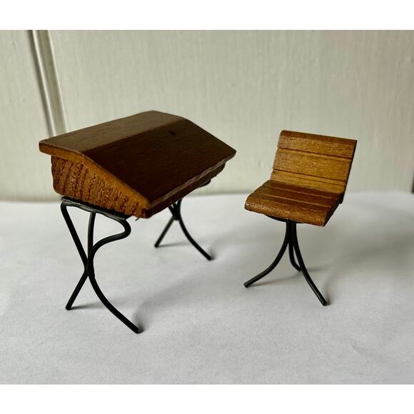 Vintage dollhouse desk and chair wood wire slant top 3" 1960s - Picture 9 of 10